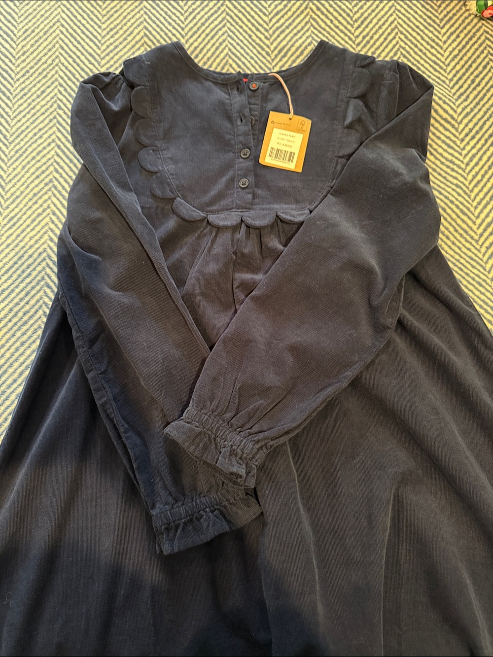 Boden Navy Corduroy Long-Sleeve Dress with Scalloped Yoke